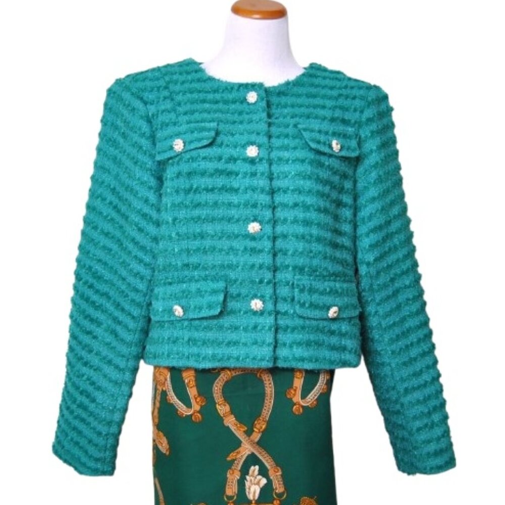 Aqua Tweed Woold mix Cropped Jacket Emerald Green